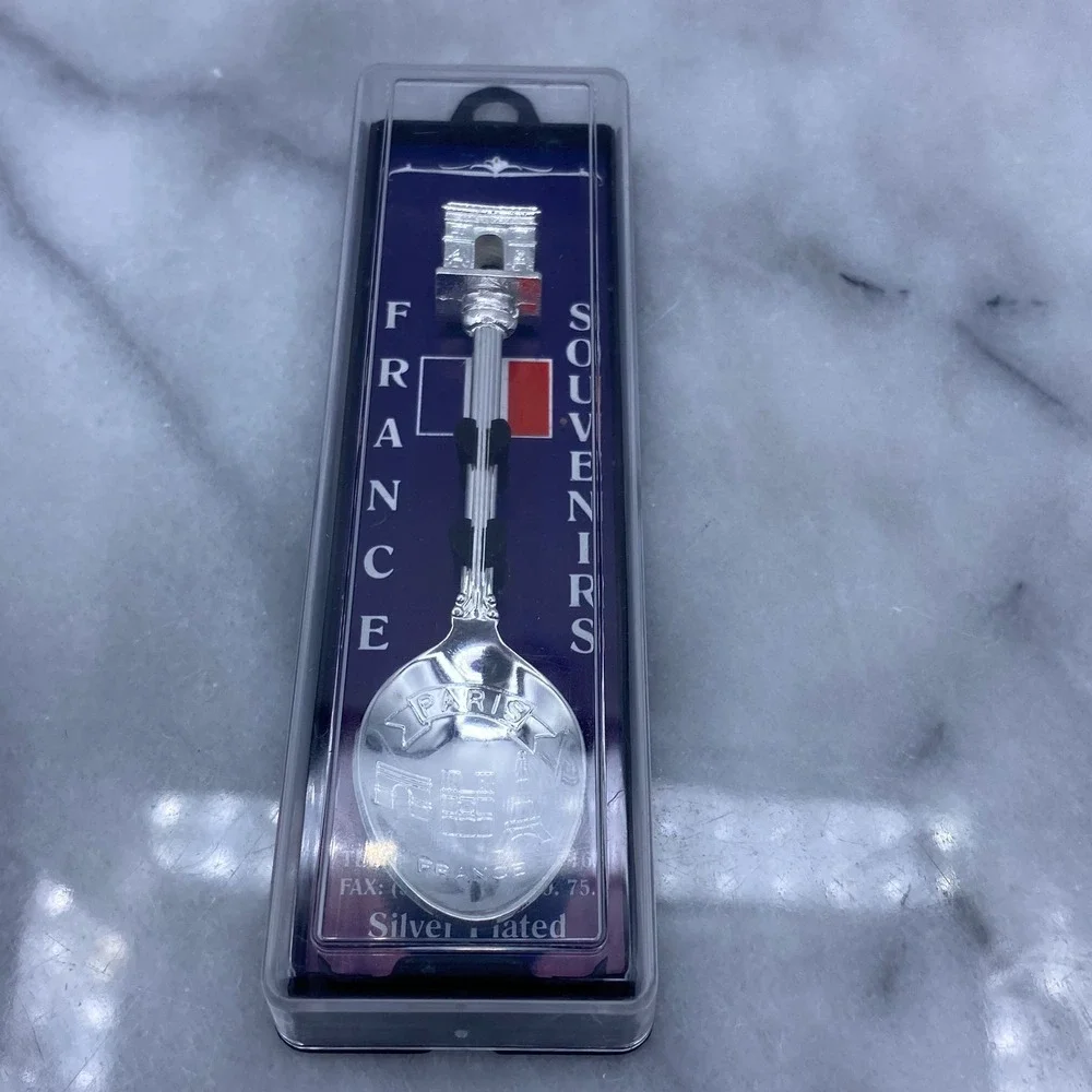 Paris France Souvenir Spoon Silver Plated Arc de Triomphe Eiffel w/Case Travel
